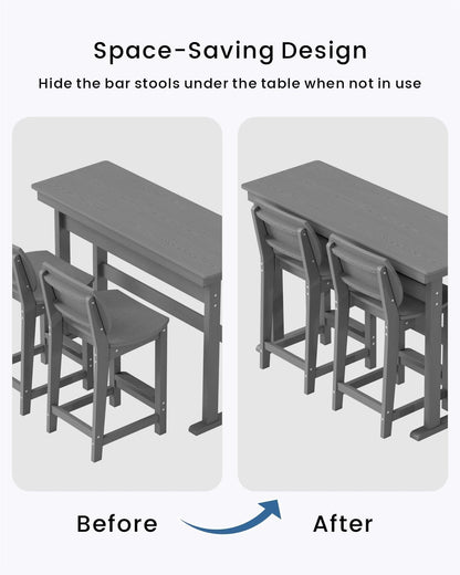 3-Piece Outdoor Patio Bar Table and Chairs Set, All-Weather HDPE High Top Table with 2 Armless Bar Stools, HDPE Bar Furniture Set for Outside, Poolside, Backyard, Garden (Grey)