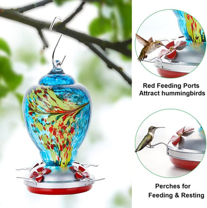 WOSIBO Hummingbird Feeder for Outdoors Patio Large 32 Ounces Colorful Hand Blown Glass Hummingbird Feeder with Ant Moat Hanging Hook, Rope, Brush and Service Card (Blue)