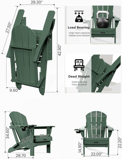 MUCHENGHY Folding Adirondack Chairs Set of 2, Patio Chairs, Lawn Chairs, Outdoor Chairs, Adirondack Chair Plastic, Fire Pit Chairs, Weather Resistant with Cup Holder for Deck, Backyard, Garden(Green)
