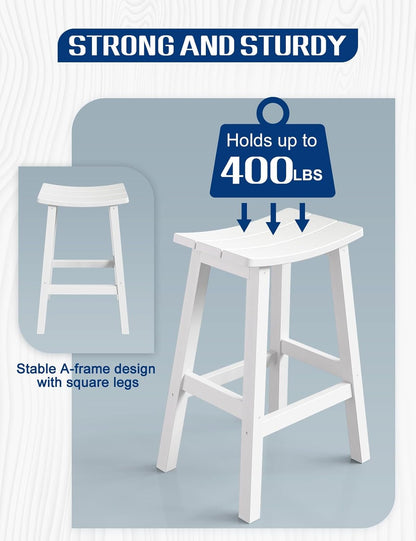 Weatherproof Bar Stools Set of 2, 28" Height Outdoor Bar Stools Holds up to 400 lbs, Saddle Seat, Bar Height Stools for Patio, Garden, and Kitchen Island, White