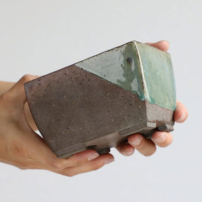Wazakura Tokoname Series Small Handmade Rectangular Glazed Bonsai Pot with Drainage Holes 5.3 in (135 mm) Made in Japan, Ceramic Training Container and Planter - Brown Green