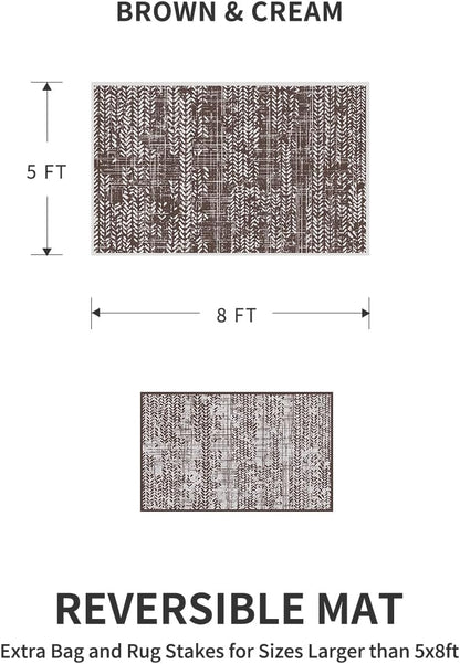 MontVoo Outdoor Rug Waterproof-Patio Rug Mat 5x8 Outdoor Carpet Reversible RV Camping Picnic Plastic Straw Rug Outside Outdoor Area Rug for Balcony Deck Backyard Patio Decor Boho Modern-Brown