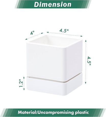 4 Inch Herb Planter Pot, Plastic Planter with Drainage Holes and Saucer, Modern Decorative Gardening Pot for Indoor Plants, Flowers, Herbs, Succulents, White, Set of 2, 76-Y-A-2