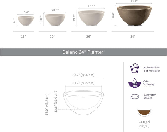 Crescent Garden Delano Bowl Planter, Large Outdoor Round Shallow Plant Pot for Water Garden, Bonsai Plant Pots, Succulents with Drain Hole - Double Walled Bowl Lotus Pot, 34" W (Caviar Black)