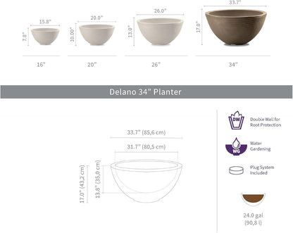 Crescent Garden Delano Bowl Planter, Large Outdoor Round Shallow Plant Pot for Water Garden, Bonsai Plant Pots, Succulents with Drain Hole - Double Walled Bowl Lotus Pot, 34" W (Mocha)