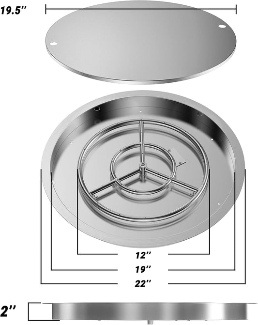 Skyflame 19 Inch Round Stainless Steel Drop in Fire Pit Pan Fire Bowl with Burner Ring and Protective Cover