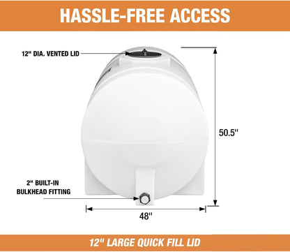 RomoTech 82124269 Horizontal Polyethylene Reservoir Water Tank w/Legs, 550 gal, Made in USA, Natural Poly Tank for Non-Flammable Liquids, UV-Resistant, Ideal for Agricultural Use, RV Water Storage