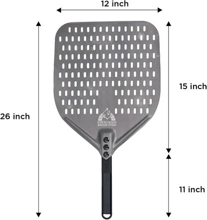 Perforated Pizza Peel - 12"x15" Anodized Aluminum Pizza Steel, 11" Handle, 26" Overall Length - Ideal Pizza Turning Peel for Pizza Oven, Brick Oven, Baking Bread