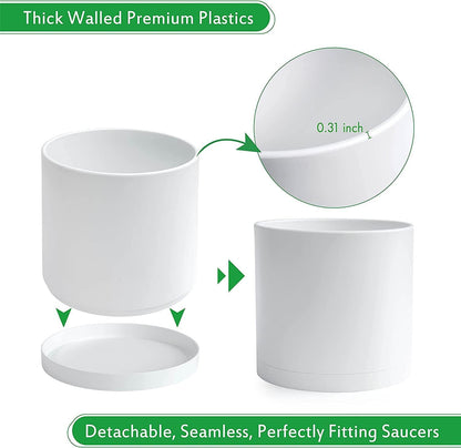 D'vine Dev 2 Pack 10 Inch Modern Plastic Plant Pots, Small Garden Planters for Plant with Drainage Holes and Saucers, White Color, 74-Z-N-1