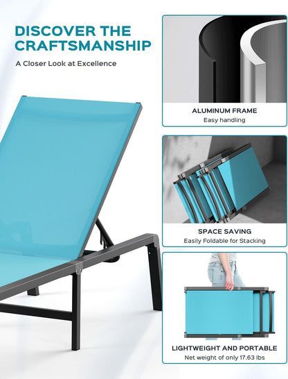 Aluminum Chaise Lounge Ourdoor - Foldable & Assemble Free Outdoor Lounge Chair with 5 Adjustable Backrest, Patio Lounge Chair for Outside Poolside Beach Pool, Lake Blue