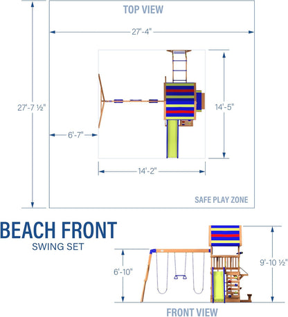 Backyard Discovery Beach Front Cedar Wood Swing Set with Wave Slide, Play Deck, Monkey Bars, Rock Wall Ladder, Shaded Picnic Area, Snack Bar, Belt Swings, Trapeze, Sandbox Area, Outdoor Playset