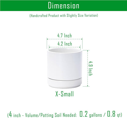 D'vine Dev 4.7 Inch Ceramic Planter Pot with Drainage Hole and Saucer, Indoor Cylinder Round Planter Pot, White, 94-O-B-1