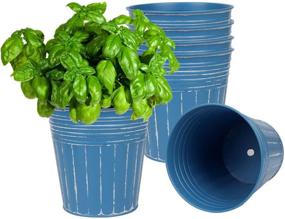 6 Inch Steel Blue Metal Rustic Flower Pots - 6Pcs Galvanized Planters with Drainage Hole and Rubber Plug, Rustproof Metal Bucket Plant Pots Farmhouse Vintage Style for Decor