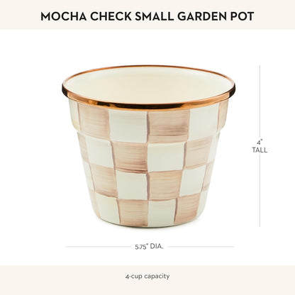MACKENZIE-CHILDS Enamel Garden Pot, Decorative Pot for Plants, Outdoor Flowerpot Decor, Small, Brown-and-White Mocha Check