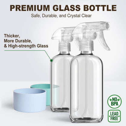 Glass Spray Bottles with Silicone Sleeves (2 Pack, 16 oz), Mist and Stream Empty Refillable Containers, Water Sprayer Misting Bottle for Cleaning Solutions, Planting, Hair Spraying, Green & Grey