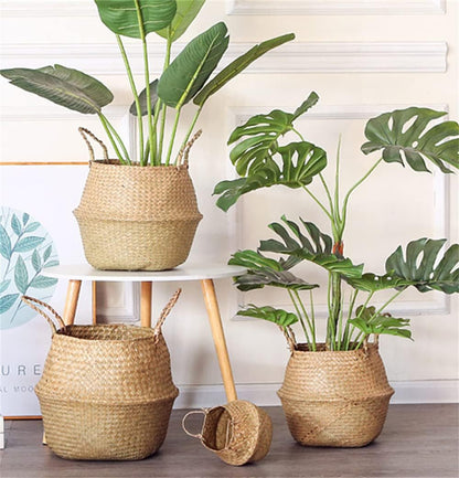 Extra Large Seagrass Plant Basket with Handles, Wicker Woven Storage Basket (14.1“ Diameter x 13.8" Height), Natural)