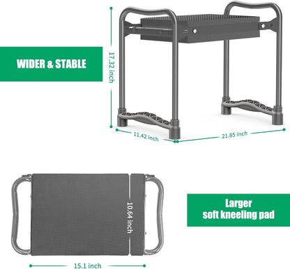 TomCare Garden Kneeler and Seat 10.64” Wider Larger Soft Kneeling Pad Garden Bench with 2 Large Tool Pouches Heavy Duty Garden Stool Foldable Tools Gardening Gifts for Women Men Gardeners,Grey