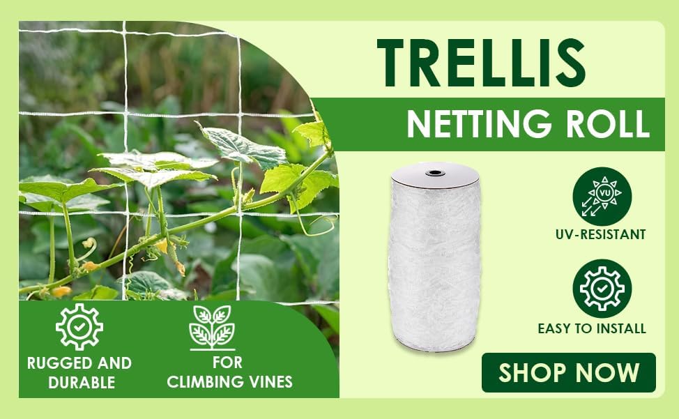 OLDMACDONALD Heavy-Duty Polyester Garden Trellis Netting Plant Climbing Net for Growing Vines Plants Vegetables Fruits Flowers, 5-Feet by 15-Feet (60" x15' / 1.52m x 4.5m) (mesh 6"x6" / 15cm x 15cm)