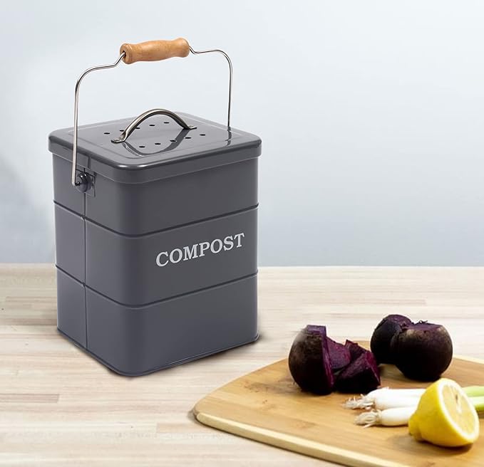 Compost Bin Kitchen Countertop Indoor Compost Pail Bucket, Great for Food Scraps, Carbon Steel, Handles, Gray, 1 Gallon - Includes Charcoal Filter