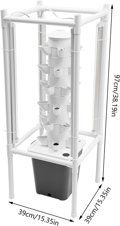 Hydroponics Tower Garden Vertical Growing System Kit, 30-Plant Indoor Gardening Planter Germination Kit with LED Grow Light & Water Pump for Herbs & Vegetables, 2.64Gal Grey Water Tank
