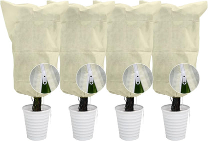 EAONE 4 Pack Plant Covers Freeze Protection, 47x71'' Winter Frosts Cloth for Outdoor Plants, Reusable Frost Blankets Drawstring Bags for Cold Freeze Sun Protection Bird Insect Prevention, Beige