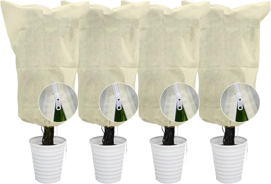 EAONE 4 Pack Plant Covers Freeze Protection, 47x71'' Winter Frosts Cloth for Outdoor Plants, Reusable Frost Blankets Drawstring Bags for Cold Freeze Sun Protection Bird Insect Prevention, Beige