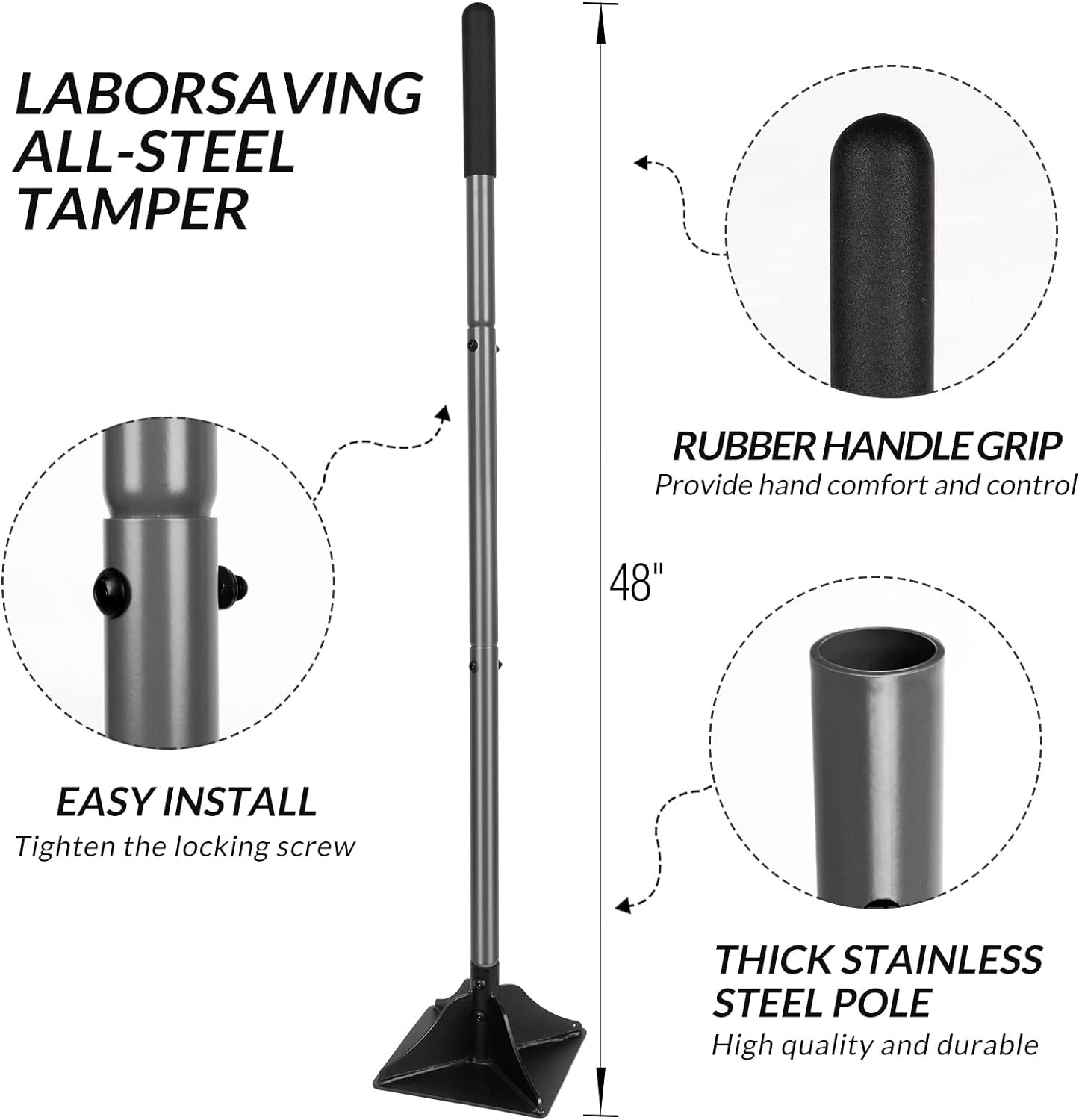 Walensee Steel Tamper with 48 inch Handle 8"x8" Garden Rubber Grip for Laborsaving All-Steel Heavy Duty Ideal Tool Leveling Ground Installing pavers and Repairing Blacktop