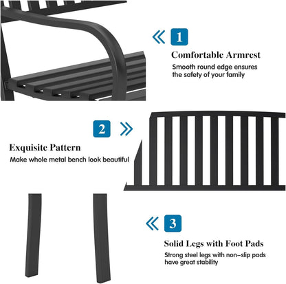 On Shine 50'' Outdoor Bench Weatherproof, Cast Iron All Metal Frame Garden Bench, Anti-Rust Patio Park Bench Clearance for Front Porch, Yard, Lawn, Deck
