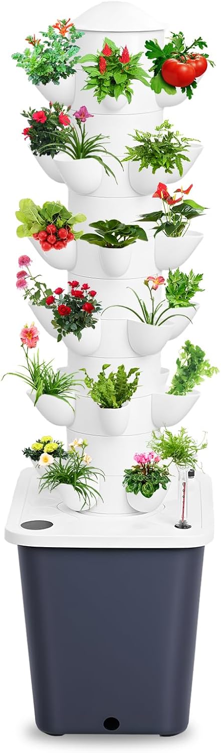 Set Hydroponic Growing Tower with 20L Tank, 6 Layers 30 Plants Indoor hydroponics Growing System kit, Soilless Cultivation Herbs Fruits Vegetables Vertical Planter Tower Kit (Black)