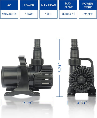 OYO WATER Outdoor 3000gph-155W 32.8FT Pond Water-fall & Kio Fish Fountain-s &Garden Pump Submersible IPX8: Long 32.8FT Cord Smart-er & Quieter Duck & Yard Ponds Pumps, 1 Barrier Pump Bag