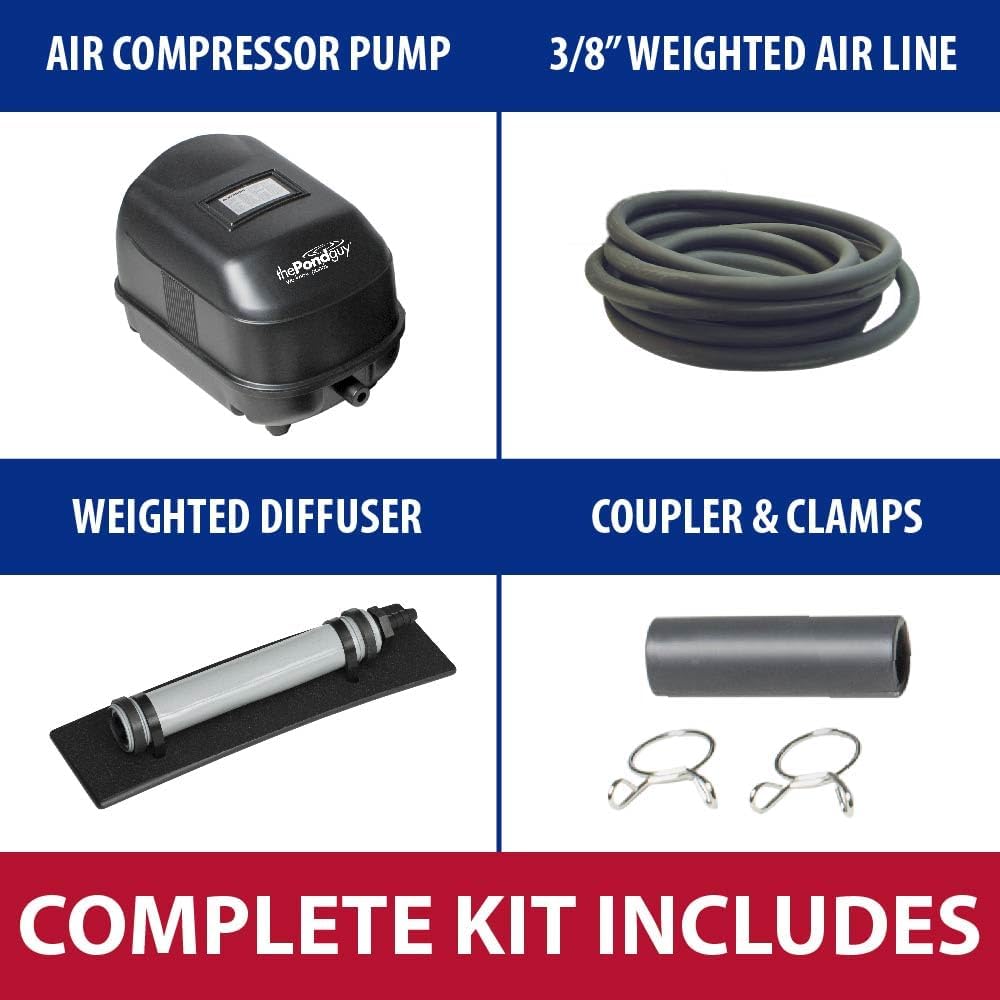 The Pond Guy Pond Aerator 1, Complete Aeration Kit, Water Garden Oxygenation Bubbler System Adds Oxygen to Koi & Fish Ponds, Outdoor Diaphragm Compressor Pump, Air Line & 1 Submersible Diffuser Stick