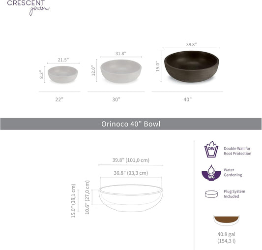 Crescent Garden Extra Large Outdoor Planter Bowl with Drain Hole for Water Gardens, Fountains, Decorative Landscaping - 40" W x 15" H (Weathered Concrete)