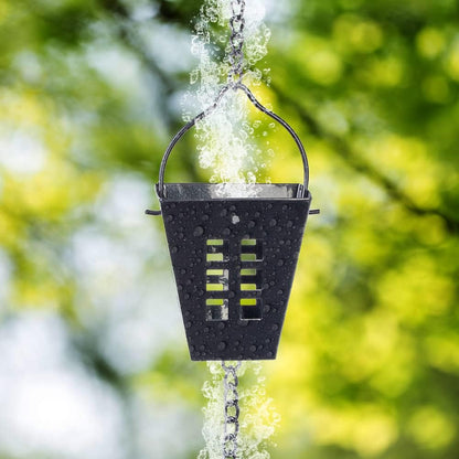 Square Rain Chain, 10 Ft Black Rain Gutter Chains with 12 Cups, Adjustable Rain Catcher Chain with Bell for Eaves Drainage, Outdoor Replacement Downspout for Gutters