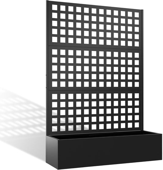 Metal Planter Box with Trellis, Heavy-Duty Raised Garden Bed for Climbing Plants, Drainage Hole, Outdoor Planter Box with Privacy Screen，47''L×16''W×71''H