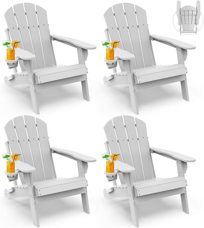 GREENVINES Folding-Adirondack-Chairs-Set-of-4 | HDPE Plastic | Fire Pit Chair | All Weather | Cup Holder | White | for Deck Backyard Patio Outdoor Garden