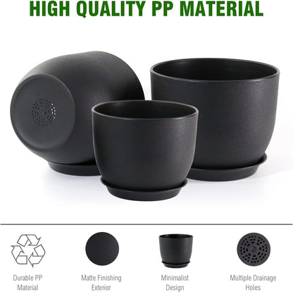 12/10/9 inch Big Flower Pots, 3 Pack Modern Decorative Plastic Planters with Drainage Holes and Tray, Plant Pots for Indoor Outdoor Plants, Black