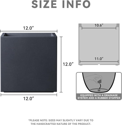 Kante 12 Inch Square Concrete Planter for Outdoor Indoor Home Patio Garden, Large Plant Pot with Drainage Hole and Rubber Plug, Charcoal