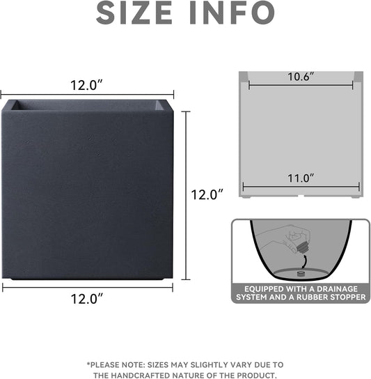 Kante 12 Inch Square Concrete Planter for Outdoor Indoor Home Patio Garden, Large Plant Pot with Drainage Hole and Rubber Plug, Charcoal