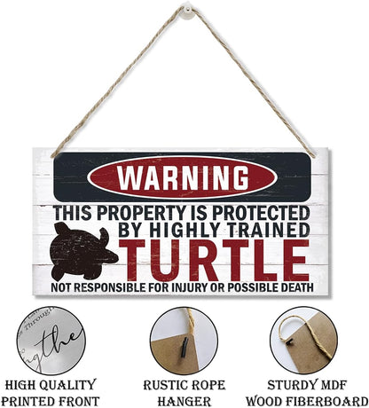Funny Warning Signs, The Property is Protected By Highly Trained Turtle Sign, Decorative Wood Hanging Wood Plaque, House Door Sign, Farmhouse Wall Decor for Home Office, Indoor/Outdoor Use