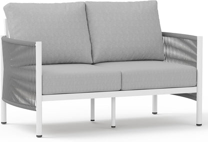 Aluminum Outdoor Patio Couch Loveseat, HDPE Rope Patio Sofa with Washable Thick Cushion, All-Weather Patio Furniture for Balcony, Yard, White Frame, White