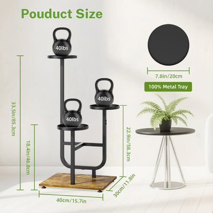iDavosic.ly 3 Tier Plant Stand Indoor, Corner Tiered Multiple Flower Holder Shelf with Metal Trays, Orchid Display Wooden Rack for Patio Porch Living Room Balcony Outdoor, Modern Black & Rustic Brown