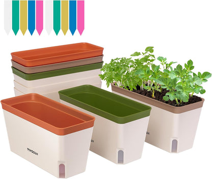 VIVOSUN Self-Watering Planters, 6-Pack 10.5 Inch Compact Rectangular Window Herb Planter Box with 10 PCS Plant Labels, Plant Container for Basil, Flowers, Succulents, Indoor & Outdoor
