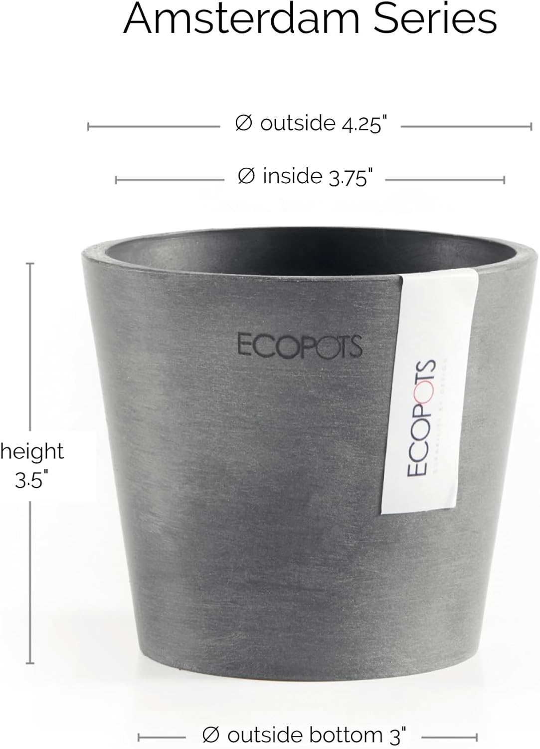 Ecopots Amsterdam Mini Durable Modern Round Recycled-Based Composite Flower Pot Planter, Grey, 4"