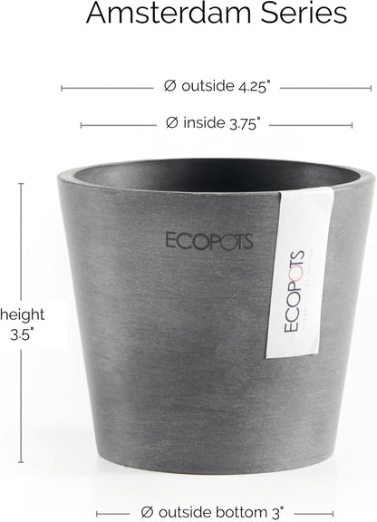 Ecopots Amsterdam Mini Durable Modern Round Recycled-Based Composite Flower Pot Planter, Grey, 4"
