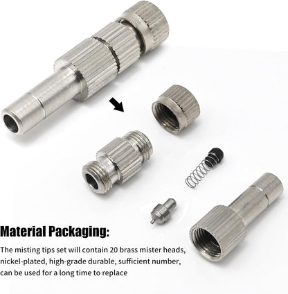20pcs 6mm Brass Mister Nozzles with Filter, 0.016"/0.4mm Orifice Misting Nozzles for Outdoor Cooling System, Landscaping, Air Humidification, Greenhouse Irrigation