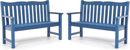 Outdoor Benches Set of 2, 2-Person All-Weather HIPS Garden Bench with 800 lbs Weight Capacity, Never Rot or Fade, Blue
