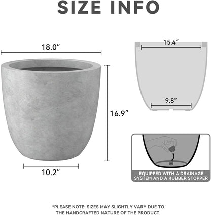 Kante 18 Inch Dia Round Concrete Planter, Indoor Outdoor Large Plant Pot with Drainage Hole and Rubber Plug for Home Patio Garden, Natural Concrete