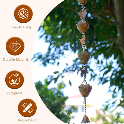 9.2FT Rain Chain for Outside, Rain Chain with 12 Butterfly Cups Adjustable Rain Chains for Gutters, Eaves, Drainage, Replacement for Downpout