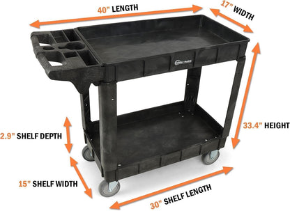 Rolling Utility Cart on Wheels, Heavy Duty Tool with Ergonomic Storage Handle and Deep Shelfs, Work Service for Garage, Warehouse, Workshop, 700-Pound Capacity 40 x 33 x 17-Inch
