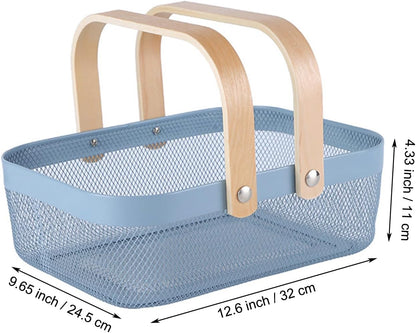 Metal Mesh Steel Basket, Storage Organizer Baskets Garden Harvest Basket Multi-functional Kitchen Fruit Baskets Bin with Wooden Handle for Bathroom Picnic Shopping Decor Cabinet Home, Blue